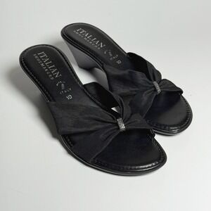 Italian Shoemakers Womens Black Wedge Sandals 10 Rhinestone Bow Slide Vacation